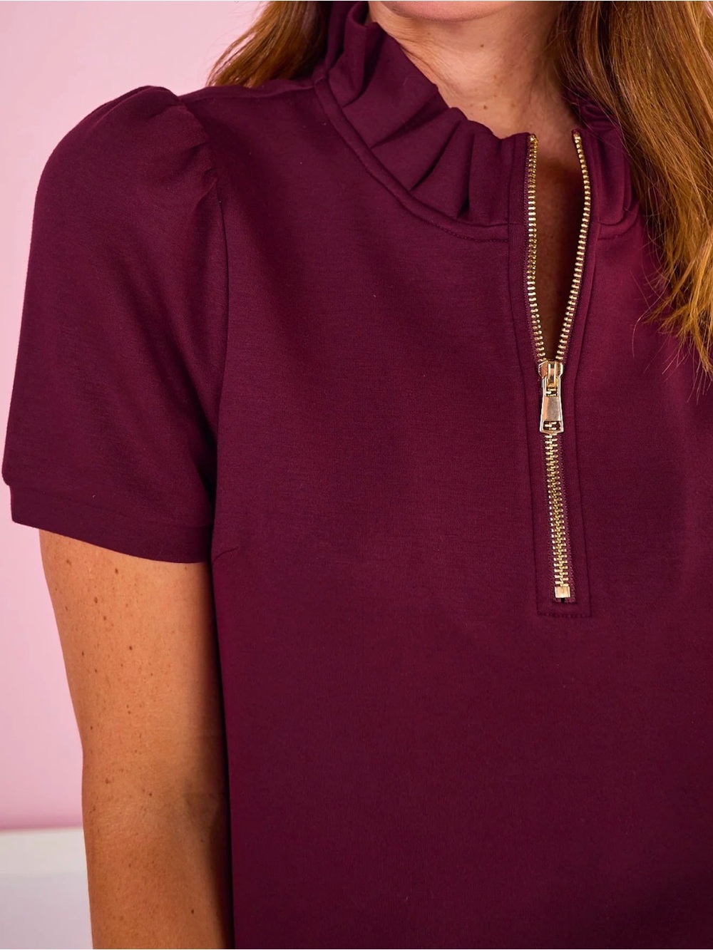 Short Sleeve Zip-Front Mini Dress in Burgundy - Picture 2 of 3